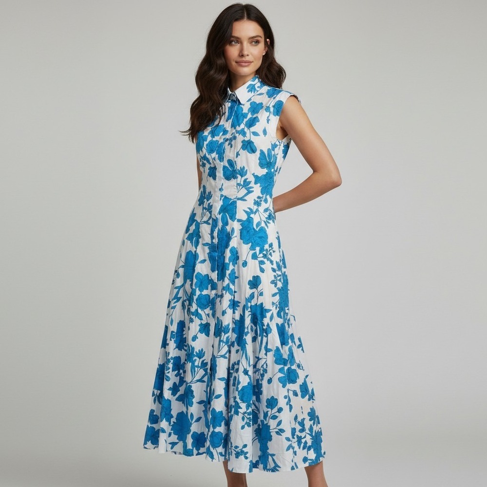 MISA Los Angeles Women Blue White Floral Button Front Maxi Shirt Dress Small